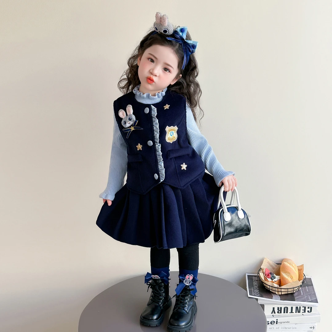 女童加绒兔子警官套装2025新款儿童宝宝秋冬装加绒马甲裙子三件套