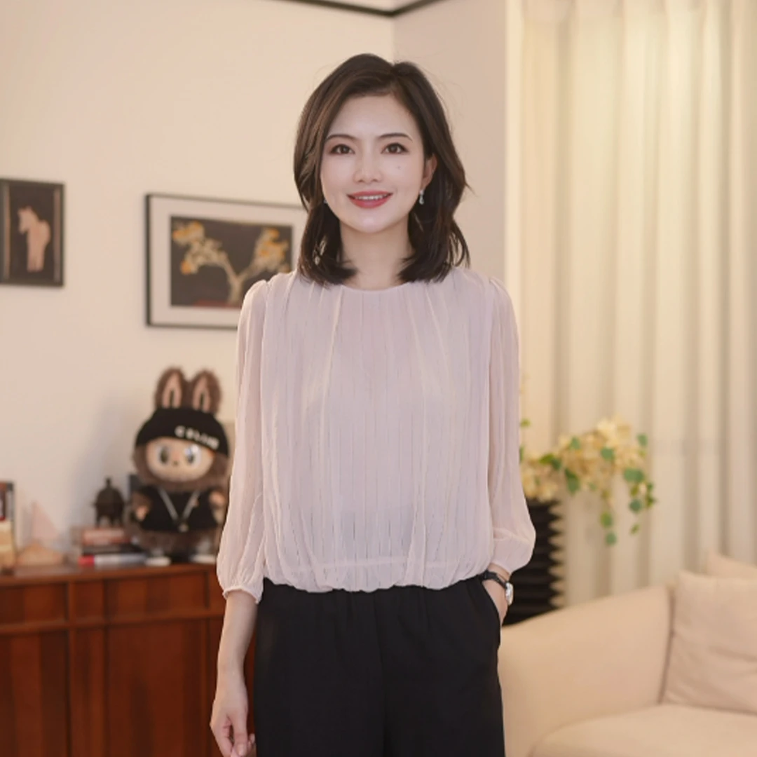 阿楠anan100桑蚕丝圆领竖条对丝肌理感七分袖真丝小衫女夏季衬衫