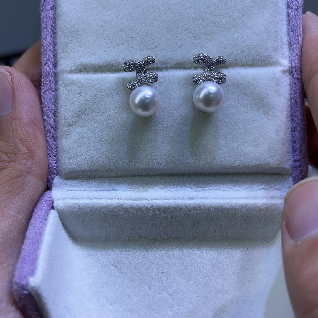 银S925镶嵌耳饰海水珍珠双c 海水ak7-8mm