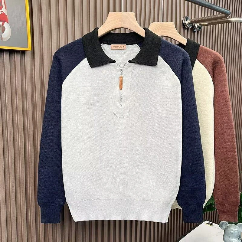 【万达撤柜】商务轻熟风毛衣简约毛衣百搭新款秋冬季撞色男翻领插肩