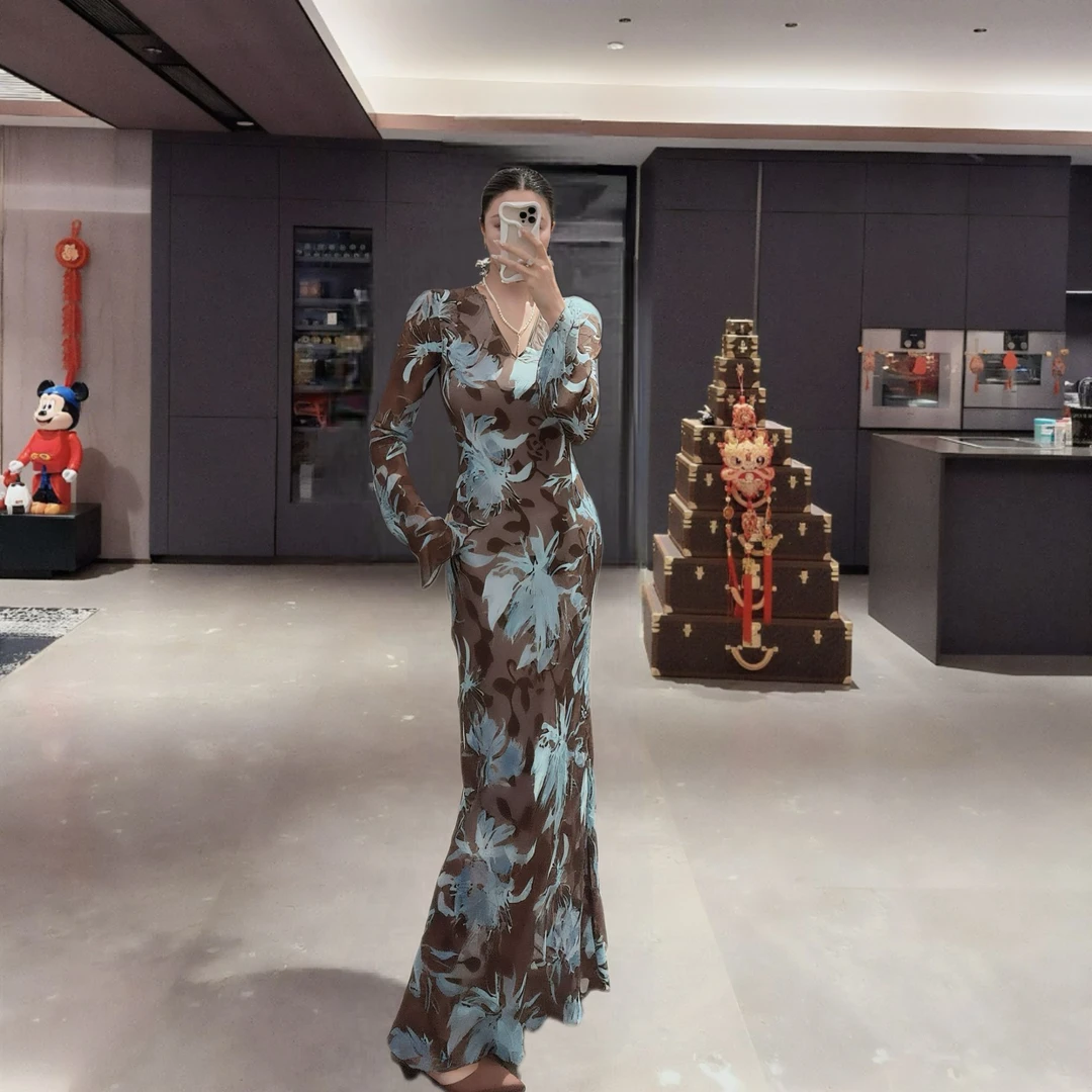 DOUWU【蓝色心情】咖拼蓝花树叶图案V领长袖连衣裙LYQ13304
