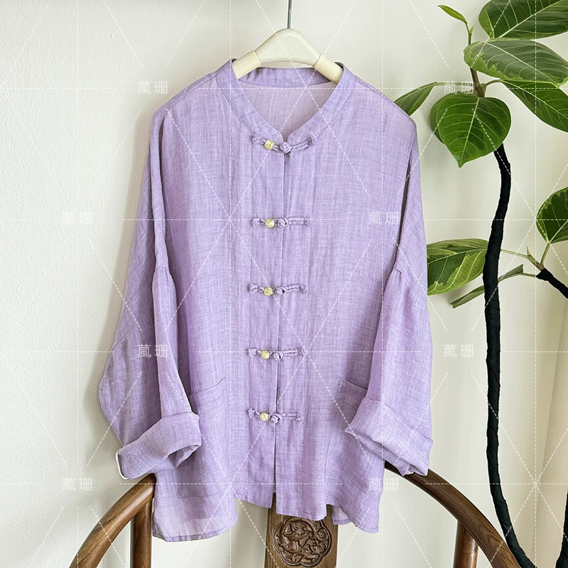 【拾悦开衫】斜纹炒色苎麻夏季国风休闲宽松廓形开衫外套 52348