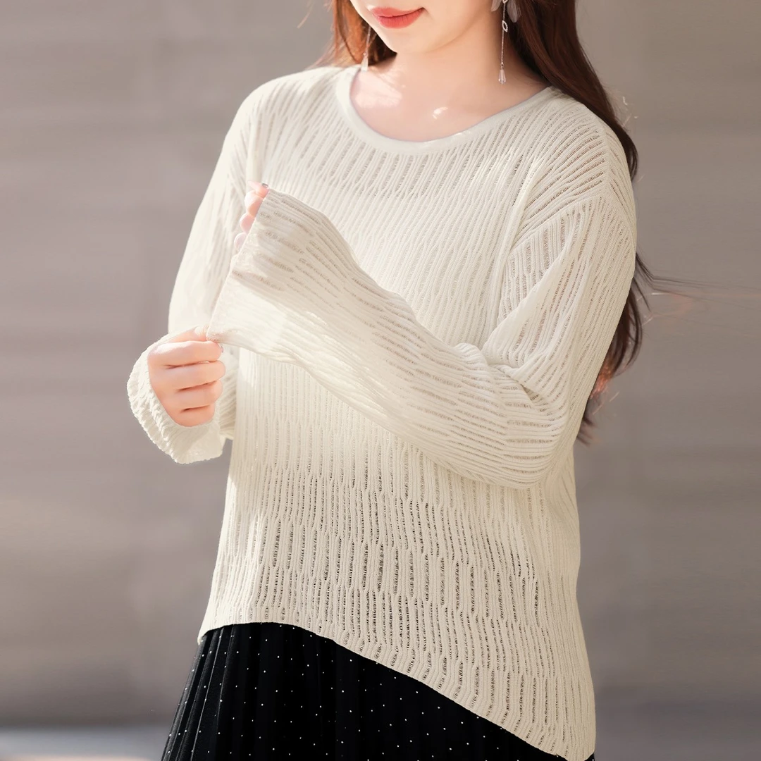 【不规则下摆套头镂空针织衫】MsShe大码女装2025春装圆领A2503010