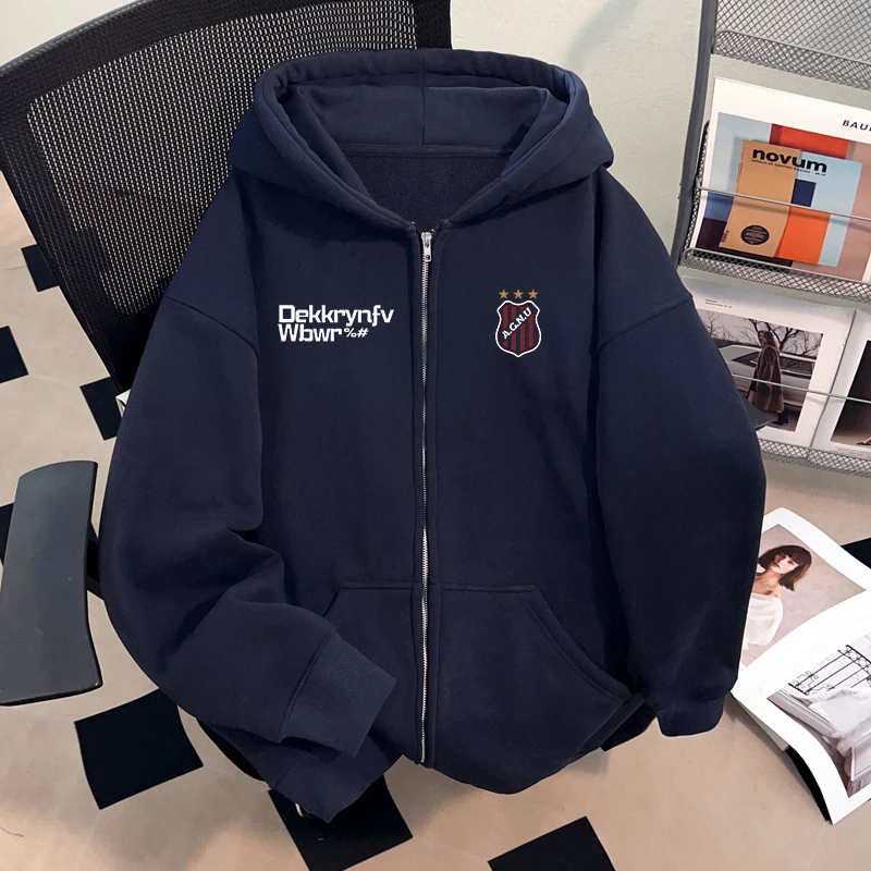 Dekkry潮牌简约时尚字母印花秋冬连帽开衫卫衣男女款加绒运动外套