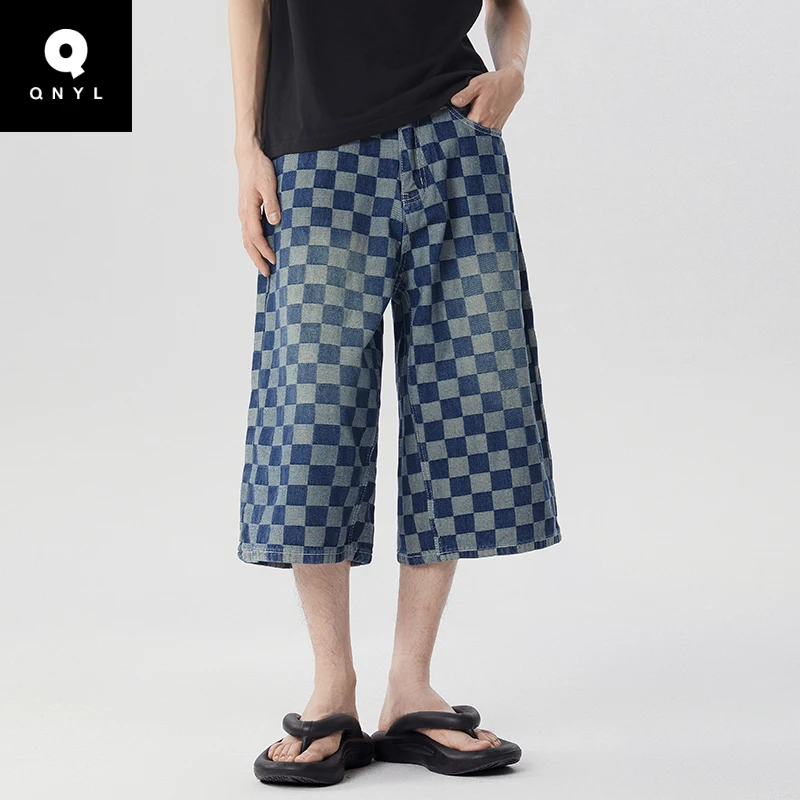 QNYL潮牌设计感格子7分裤男款夏季直筒宽松休闲牛仔中裤阔腿马裤