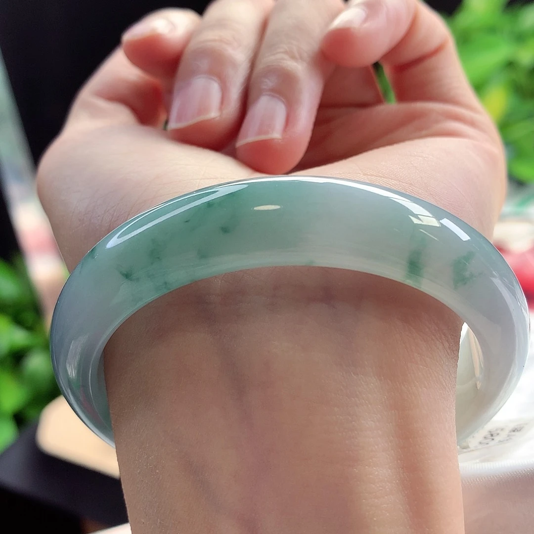 未镶嵌手镯翡翠57圈口冰胶质地飘蓝花性价比超高14号