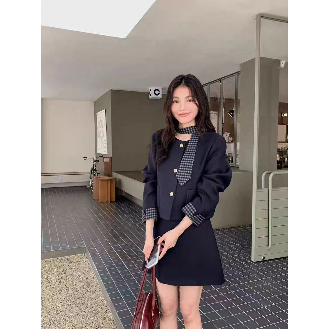 韩系千金格子领呢子两件套秋冬夹棉短外套+半裙+领带三件套套装