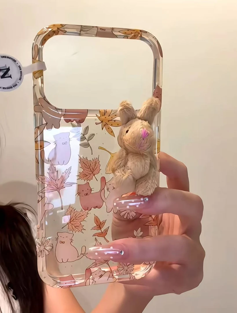 满屏枫叶猫咪可爱毛绒小兔适用iphone17promax苹果15手机壳14新款