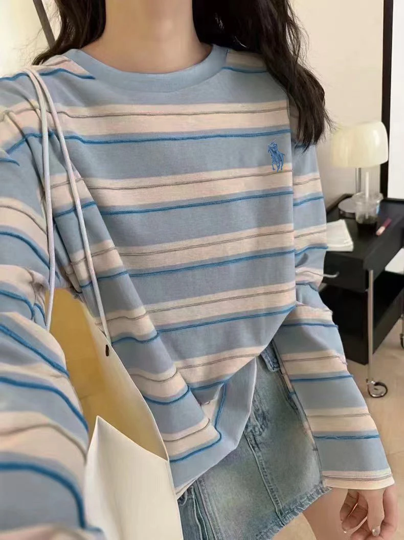 清仓长袖·外贸品质【战马·刺绣】时尚百搭简约撞色条纹T恤24158