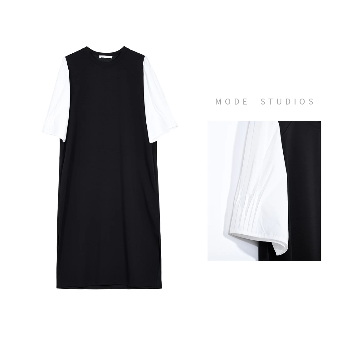 慕达赫【灵感缪斯】2025夏季法式气质泡泡袖拼接显瘦假两件连衣裙