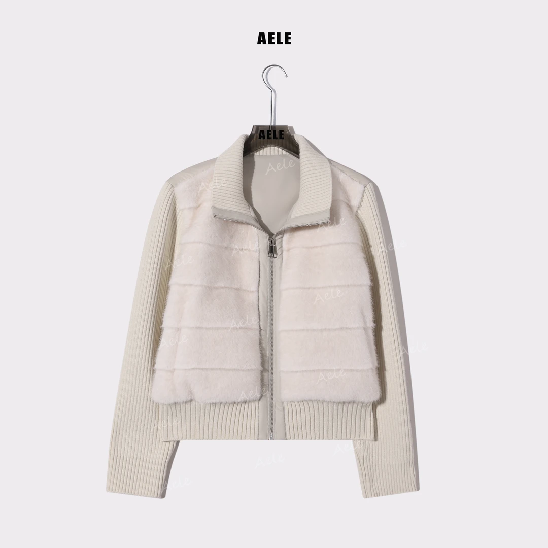 AELE新款翻领开衫针织袖拼接短款保暖休闲棉服外套 M855 5017 AD