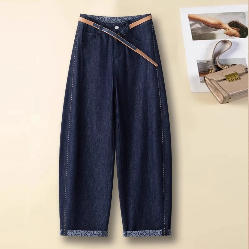 欧货青花瓷复古弯刀牛仔裤女夏季薄款高腰显瘦百搭天丝九分香蕉裤