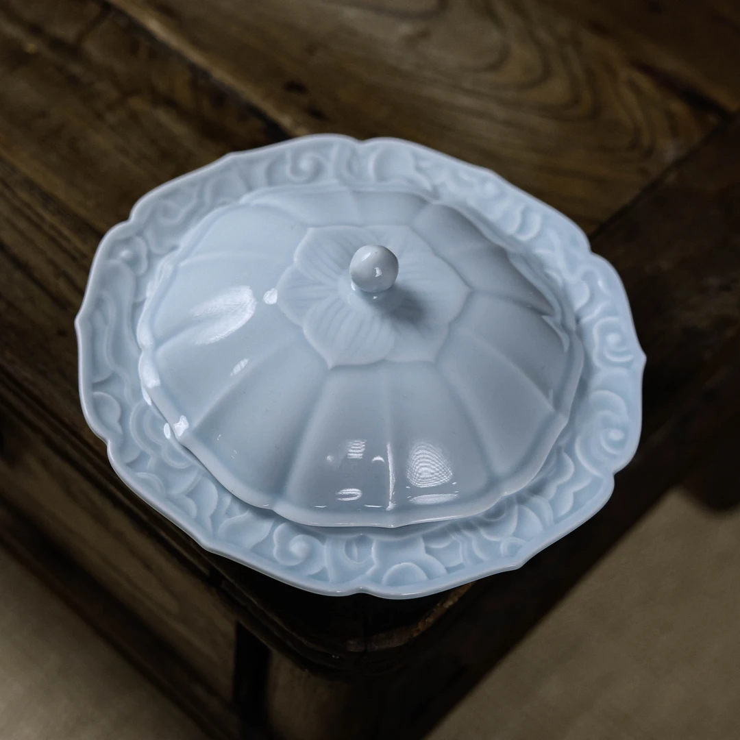 【福器】粉青莲花祥云果盘 带盖(Q6916)