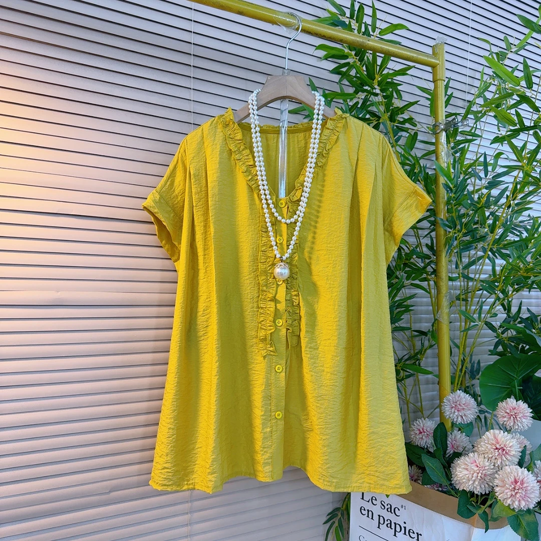 8523胖mm欧货时尚韩系宽松遮肉减龄显瘦百搭木耳花边设计感短袖衫