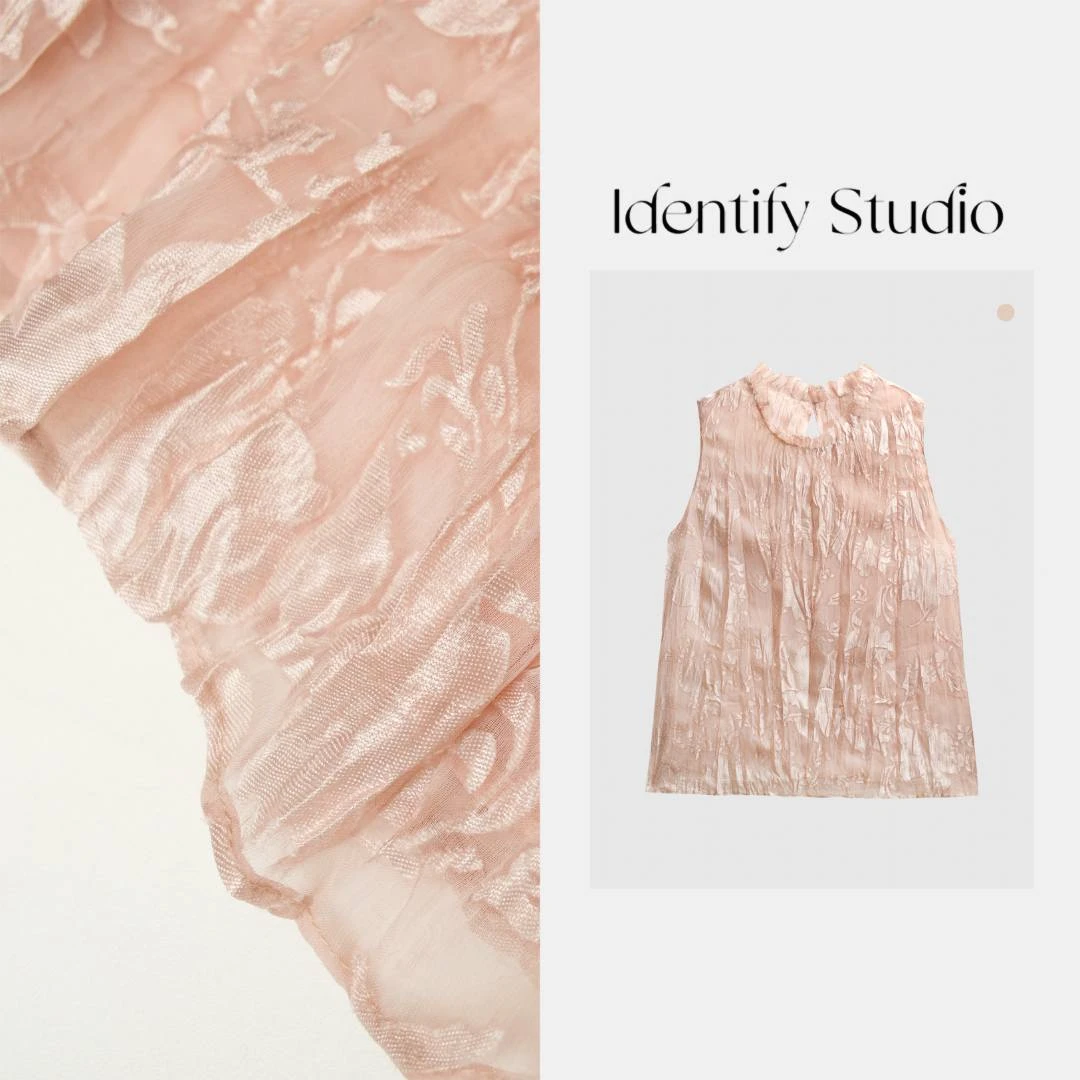 IDENTIFY"粉色花卉"夏季休闲暗纹浮雕提花花边圆领无袖马甲25SS