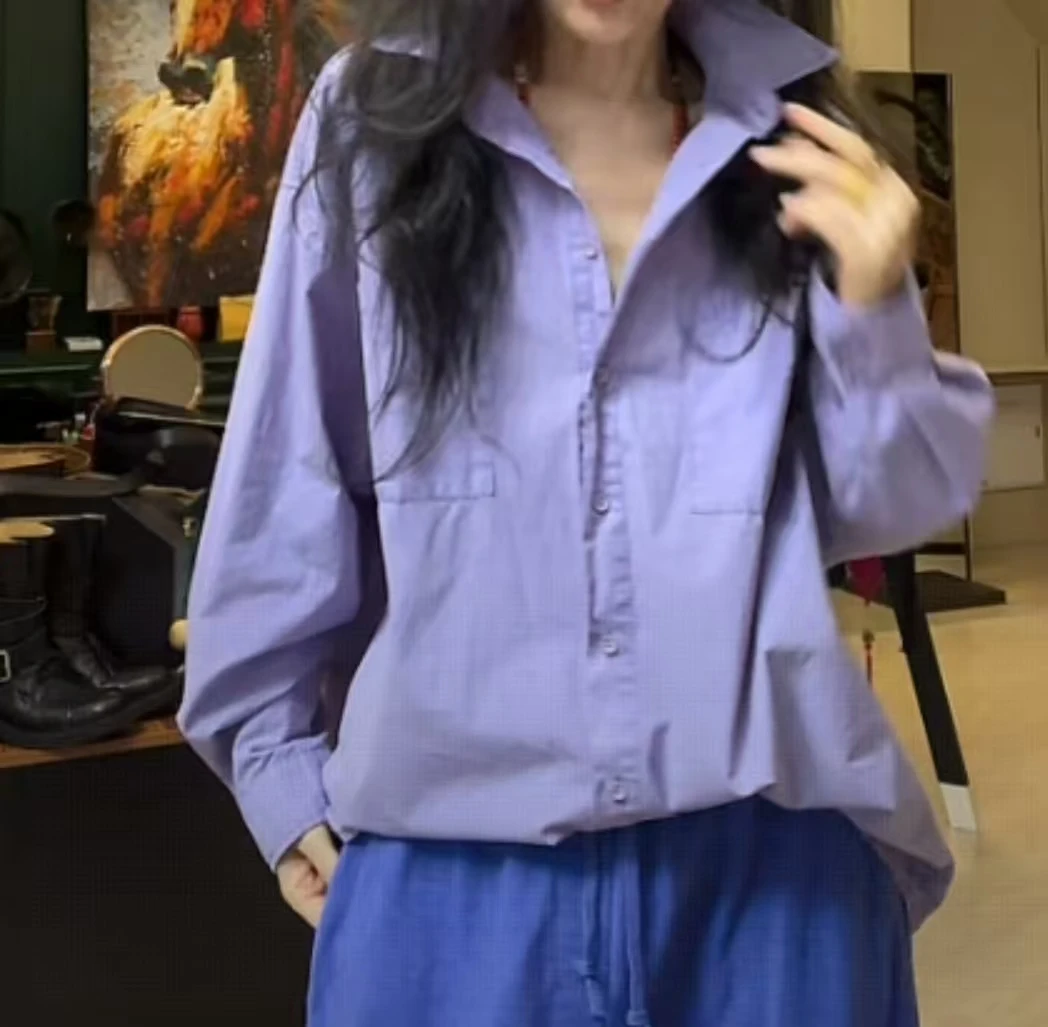 02519162秋装新款 时尚休闲宽松简约舒适百搭款长袖纯色衬衣衬衫