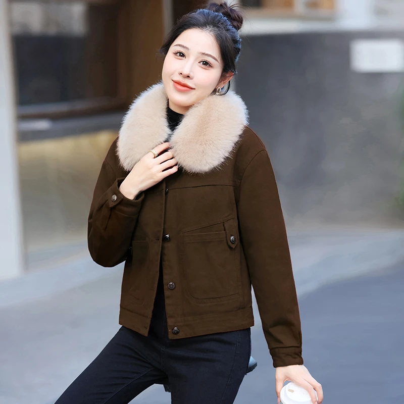 拉夏贝尔2025新款冬季小个子洋气短款加厚加绒牛仔衣外套毛领