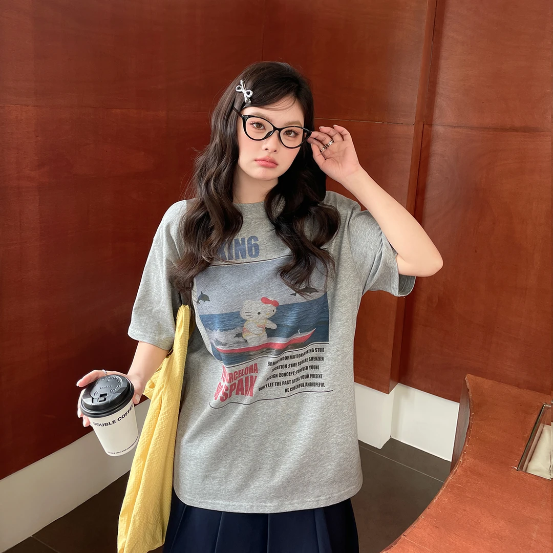 【现现专场】大码女装夏款韩系甜酷卡通T恤胖mm宽松显瘦印花上衣