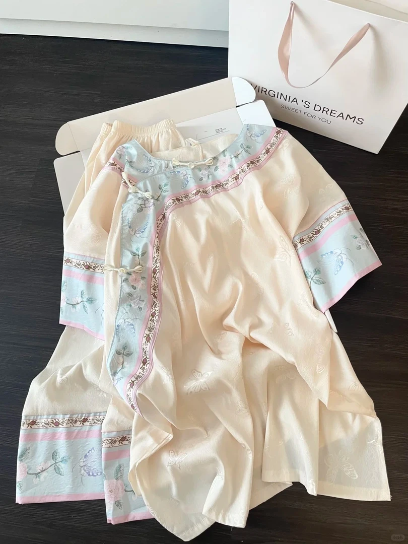 国风复古碎花气质冰丝睡衣女夏款宽松舒适开衫长裤家居服大码套装