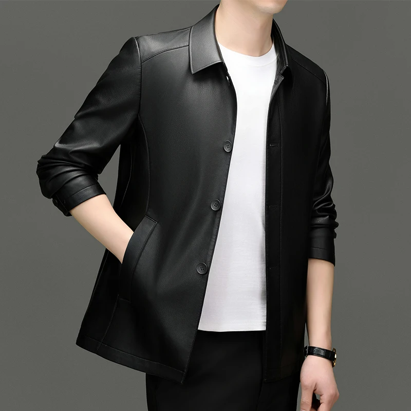 【新人体验】男士秋季翻领真皮山羊皮休闲商务百搭行政真皮夹克外套