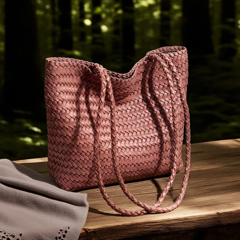 [冰语]2025新款真皮编织包休闲慵懒简约风手提单肩托特包250615