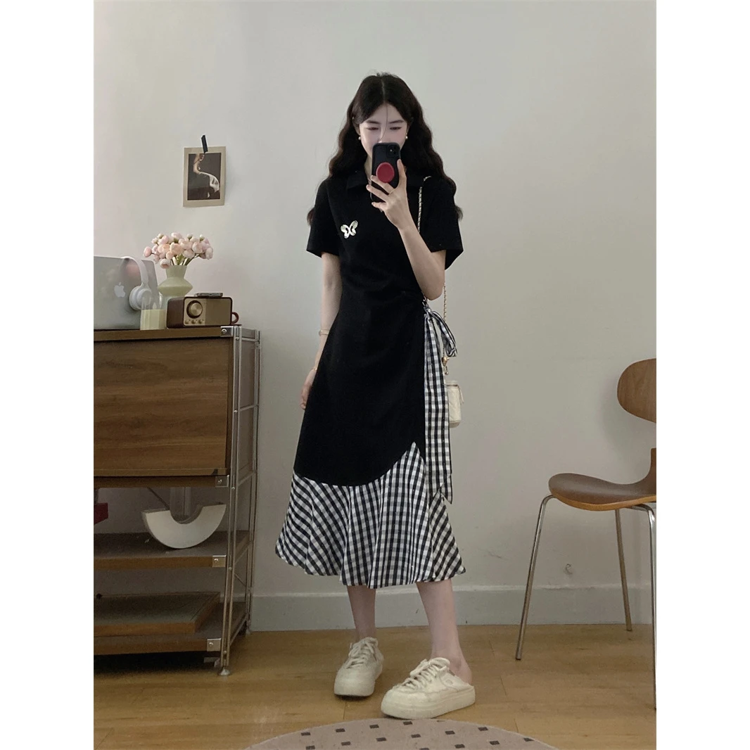 2025夏季新款大码显瘦时尚高雅感拼接格子假两件V领短袖聚酯