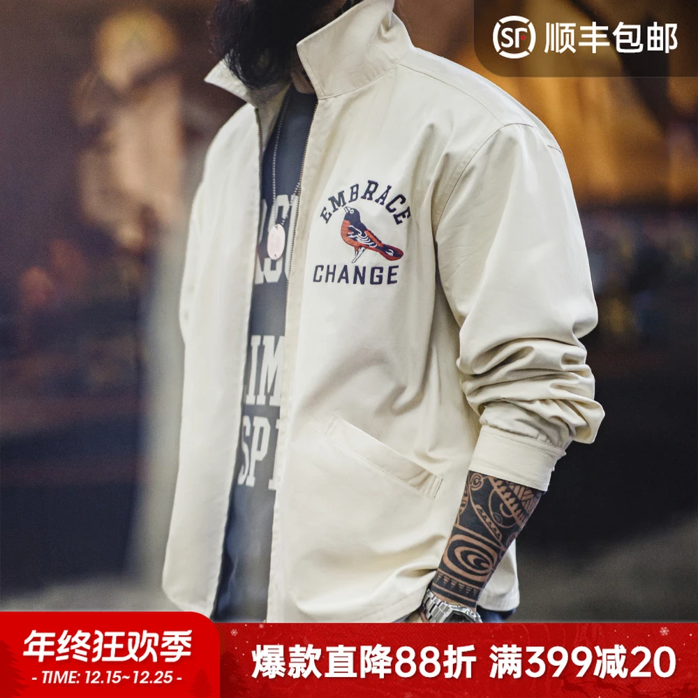 马登工装 美式复古刺绣教练夹克宽松翻领外套vintage廓形上衣男春