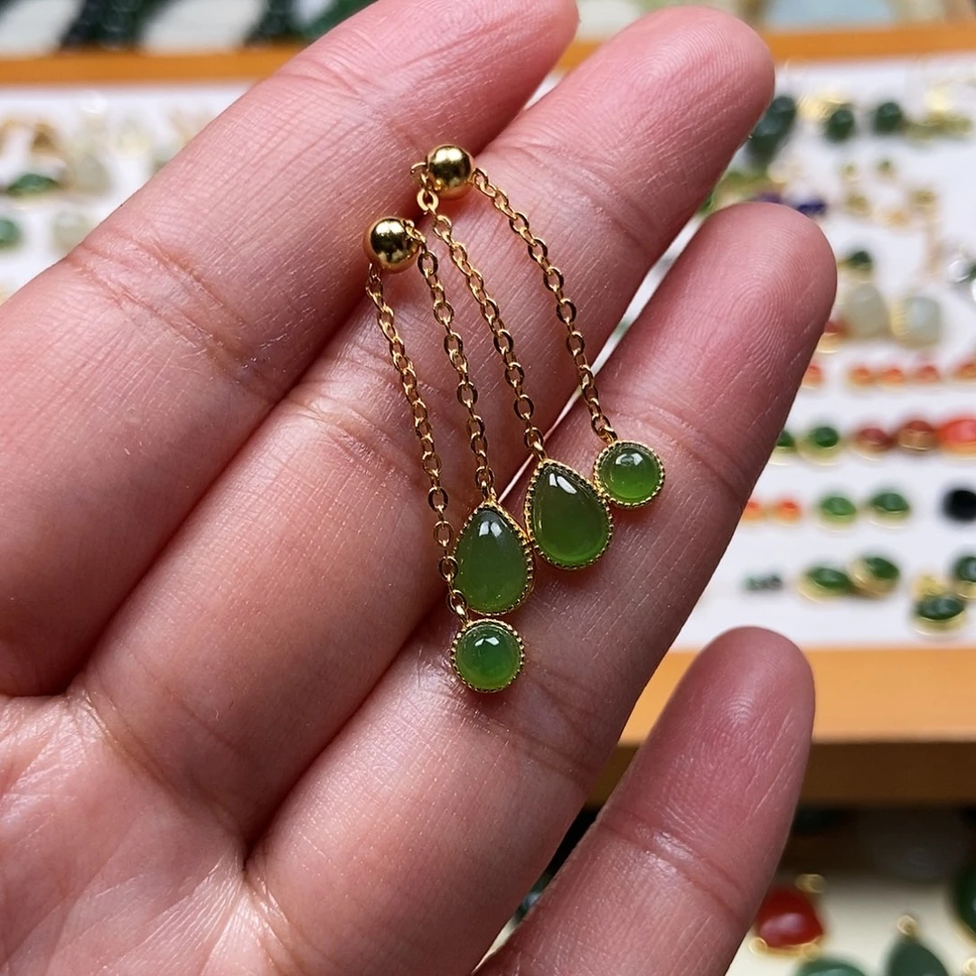 和田玉耳饰银S925镶嵌