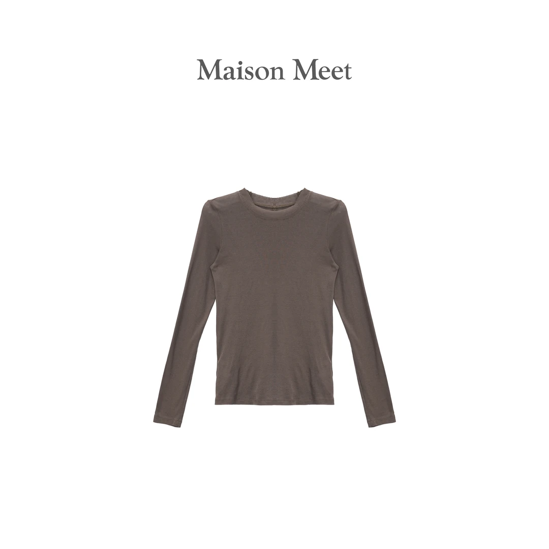 Maison Meet圆领长袖棉t恤基础款修身显瘦百搭上衣打底衫V2067