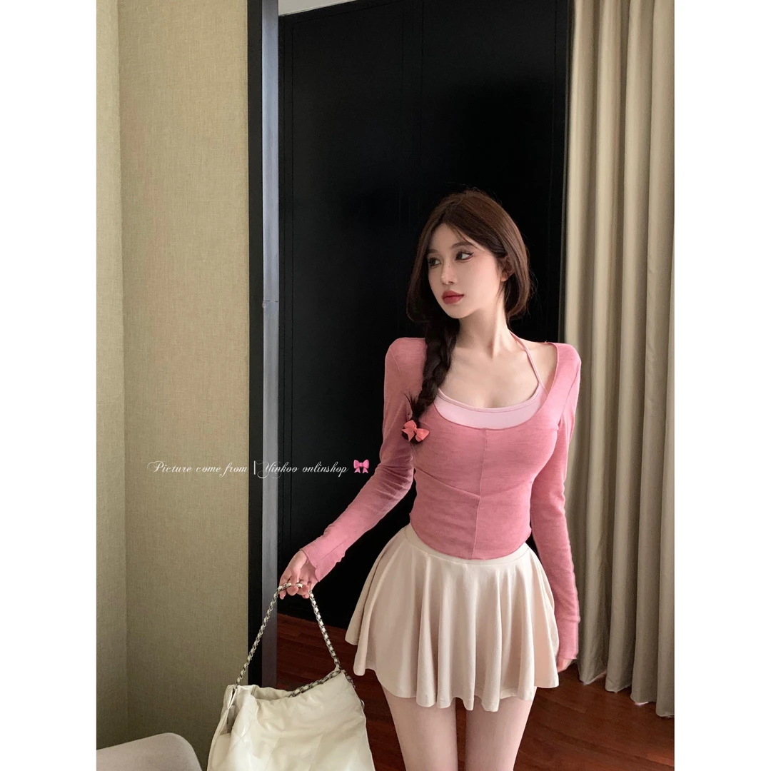 实拍 纯欲芭蕾风防嗮修身辣妹夏季薄款上衣挂脖吊带套装