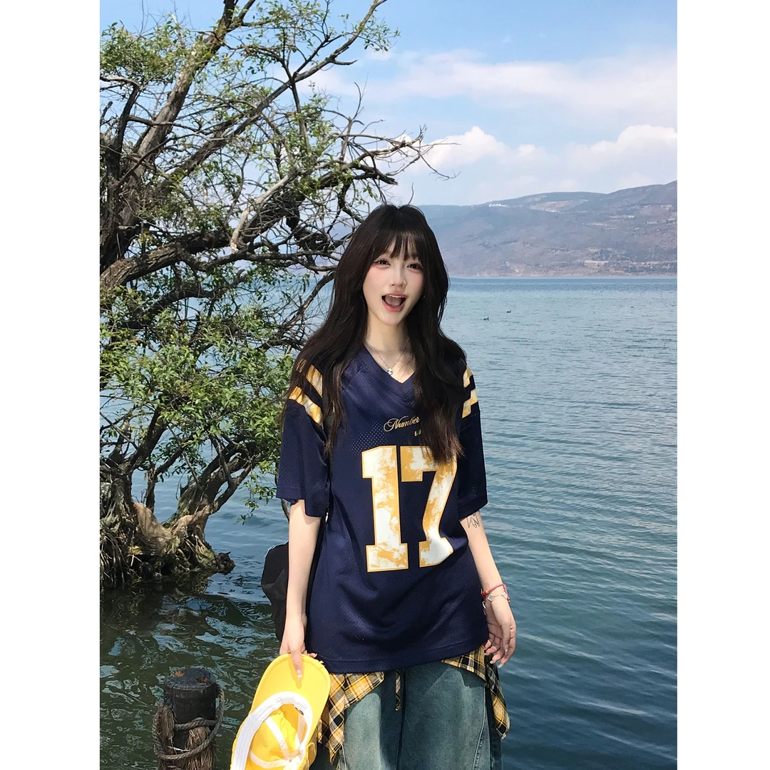 ANDEARDI美式短袖v领数字印花球衣休闲T恤上衣