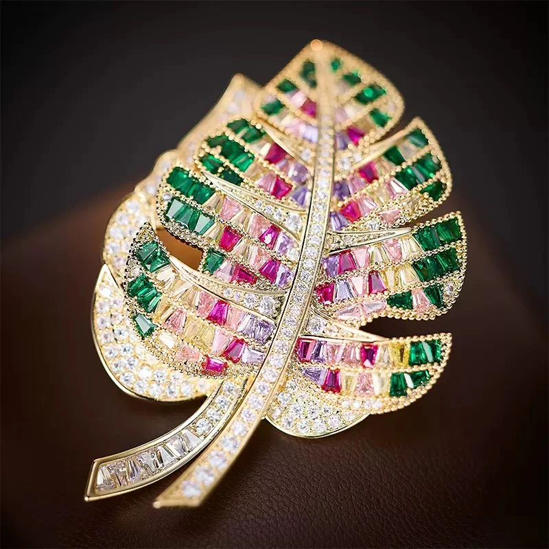 铜合成锆石胸针 1410新品双层七彩双生叶大胸针