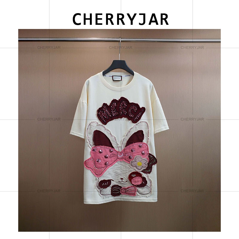 Cherryjar【25161】夏季卡通蝴蝶结小兔亮片贴布刺绣点缀短袖重工