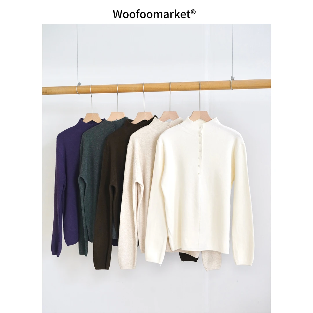 清清【海街日集】方扣针织衫 细针织弹力长袖打底衫秋冬女 AWMY182