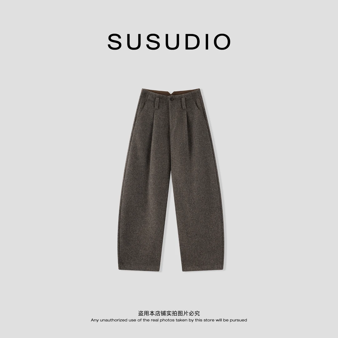 SUSUDIO 羊毛 极简高级感弯刀压褶磨毛保暖休闲裤 40777
