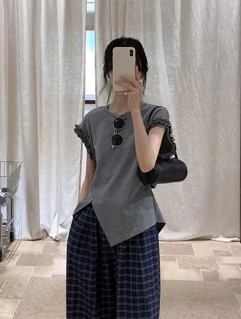 【现货现发】不规则设计开叉木耳边短袖衬衣女夏设计感系带上衣