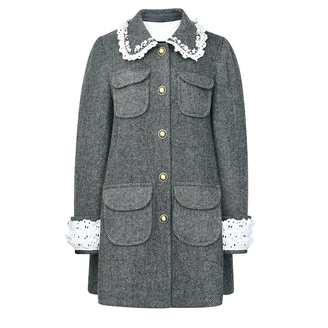 洛可可赫本风灰色羊毛呢大衣女娃娃领中长款外套