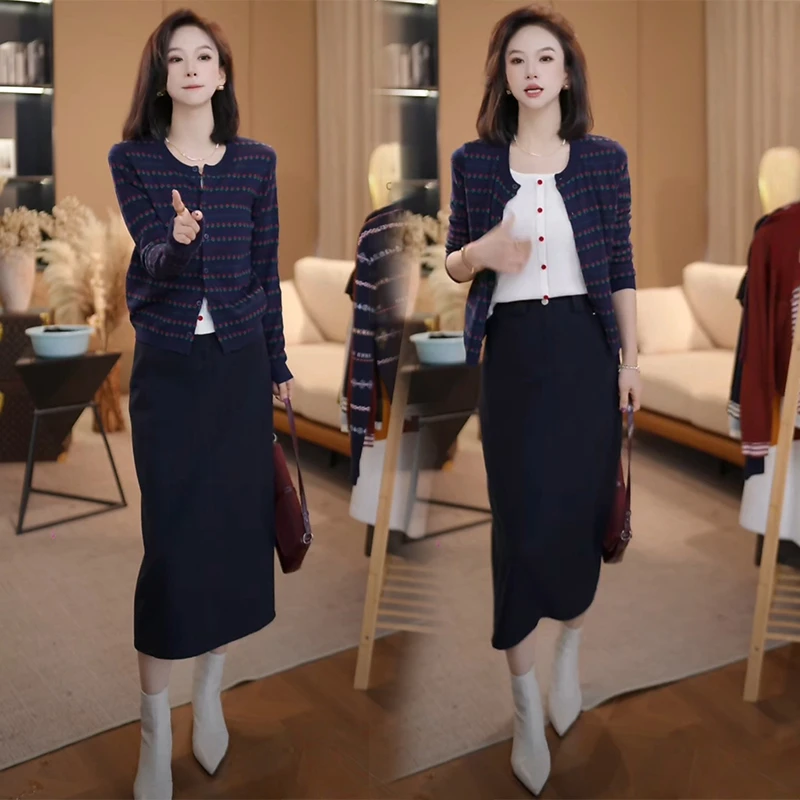 2025秋季轻熟风假两件长袖针织开衫高腰半身裙子复古显瘦两件套装
