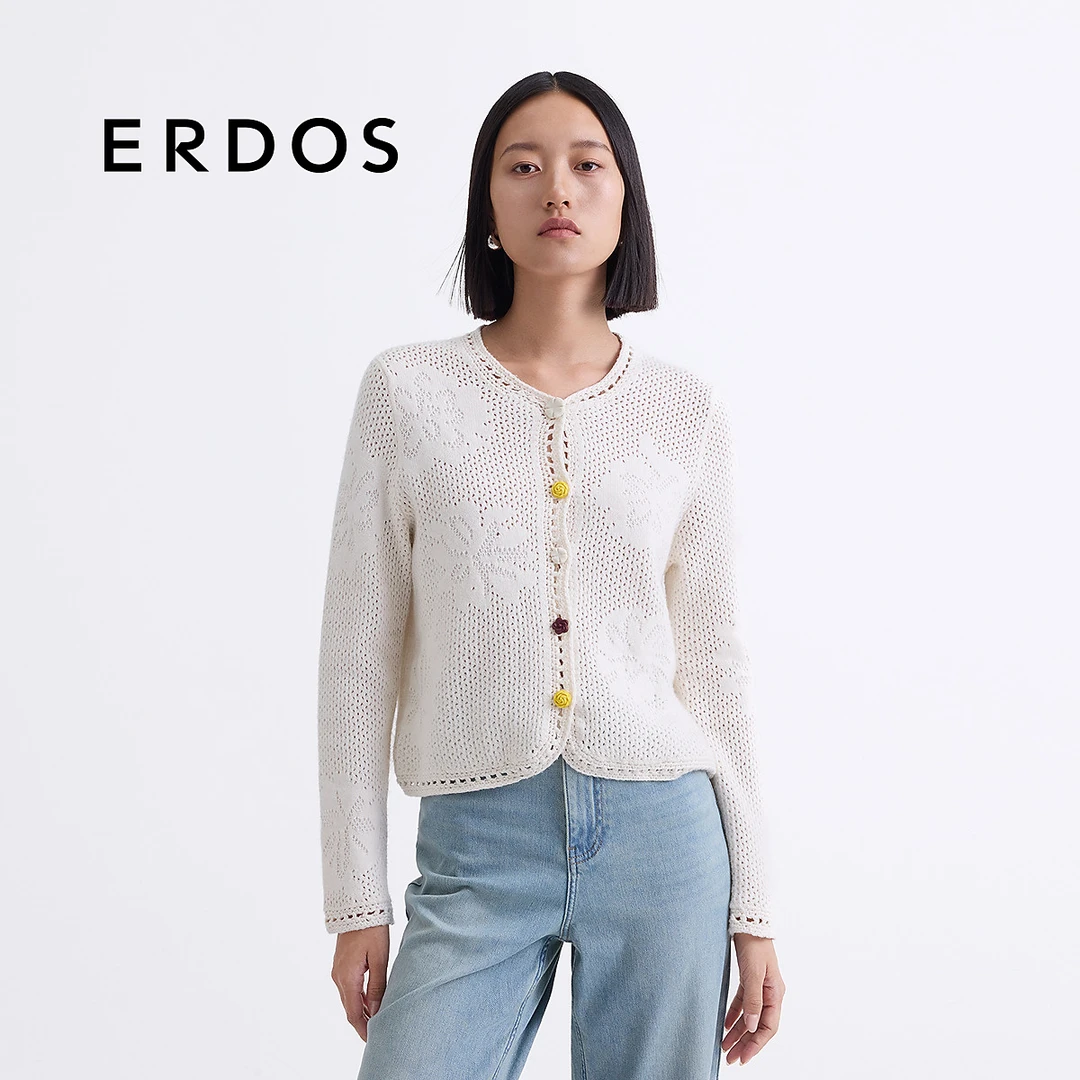 ERDOS 圆领小香针织开衫春立体挑眼撞色花朵纽扣上衣