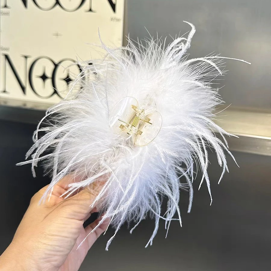 纯欲ins风鸵鸟羽毛发夹后脑勺盘发抓夹头饰鲨鱼夹超仙高级感发饰