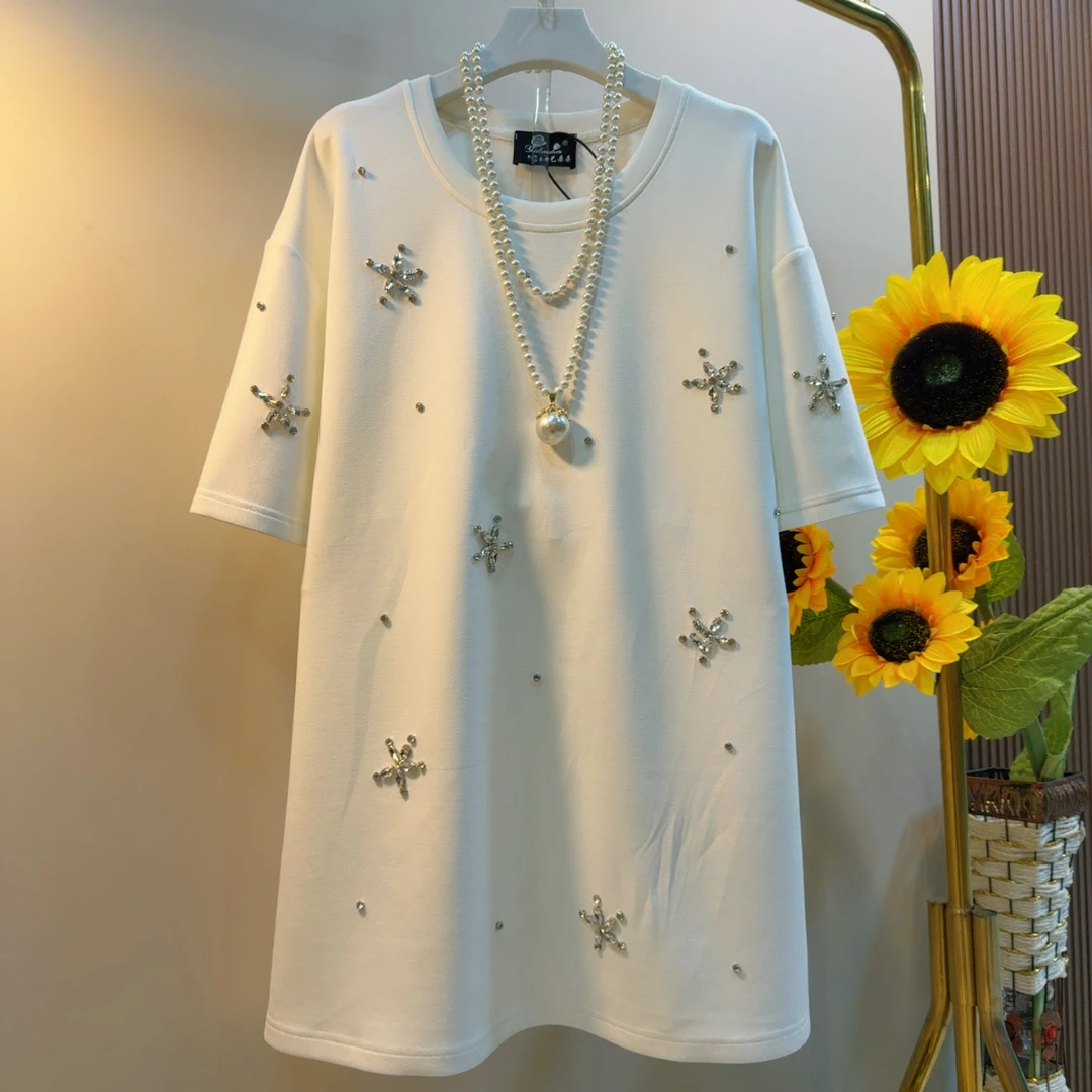 YDD韩版显瘦休闲上衣立体花朵亮钻半袖宽松洋气