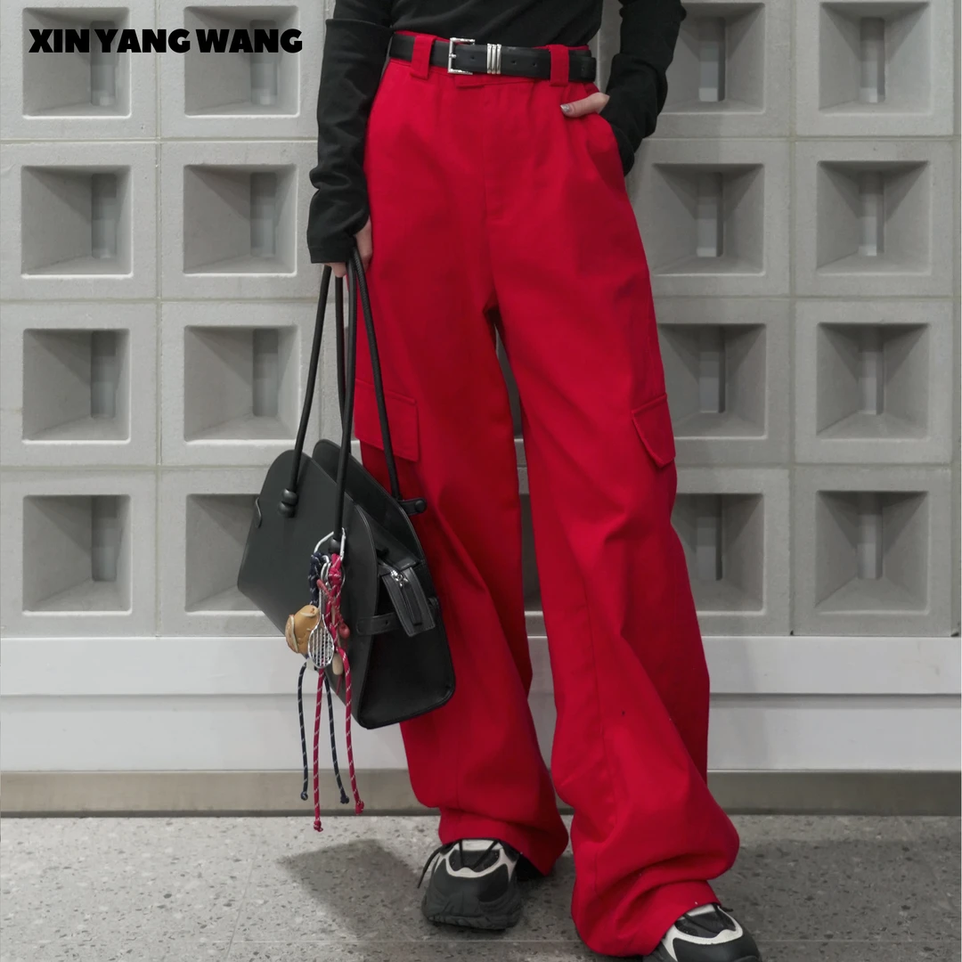 XYW25春款百棉多口袋时尚工装长裤红色牛仔裤