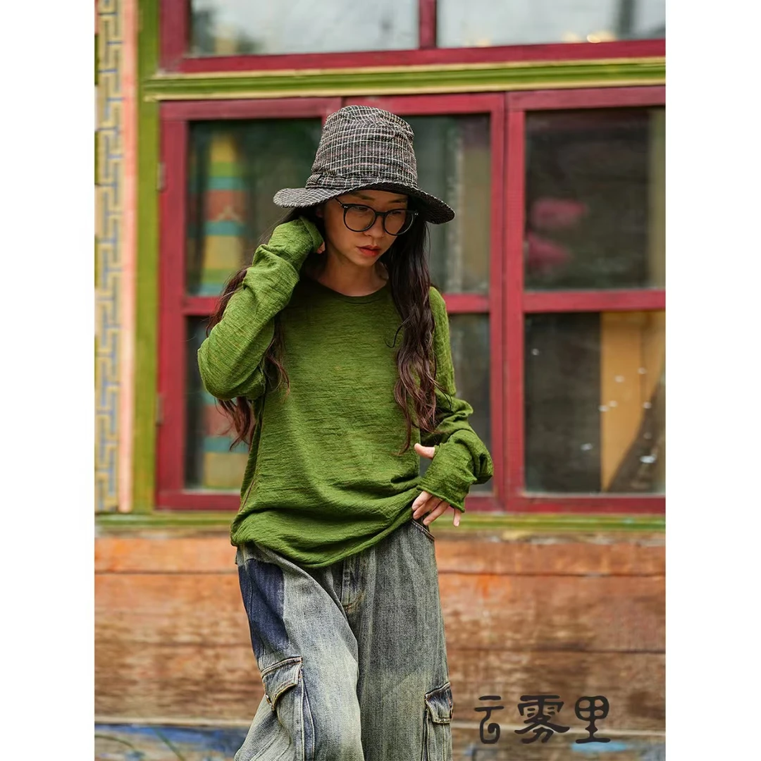 素朴布衣 云雾里6013纯羊毛文艺复古做旧宽松圆机针织长袖打底T