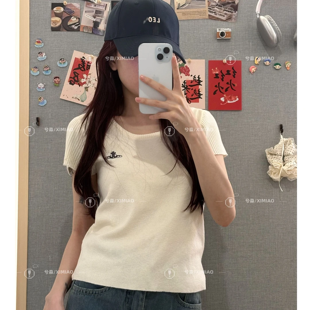 夏季小个子修身显瘦针织上衣黄色刺绣麻花圆领正肩短袖T恤女