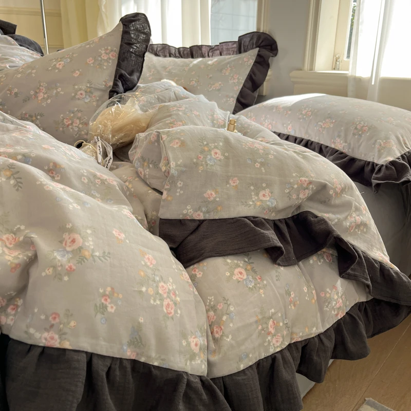 A类母婴级法式复古蓝色小碎花双层纱四件套棉花边被套床单床笠