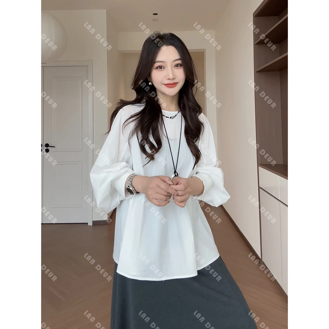 【樱花蜜桃】收口不规则袖型气质时尚休闲圆领套头白色衬衫上衣女