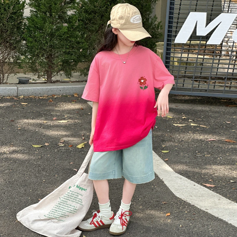 女童印花宽松T恤圆领韩版学生中长款短袖渐变牛仔短裤套装夏季
