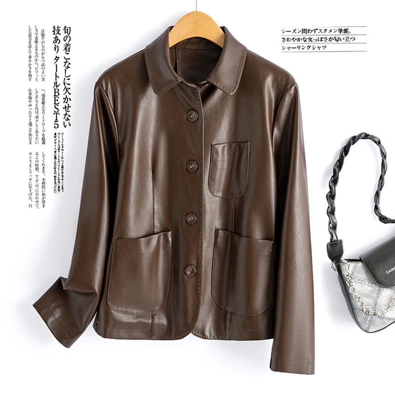 海宁皮衣女短款翻领2025春秋新款休闲百搭女士真皮皮夹克外套