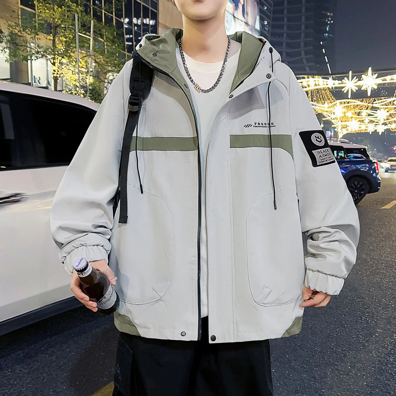 春季男士外套潮流帅气百搭拼色个性青少年夹克宽松连帽时尚上衣服