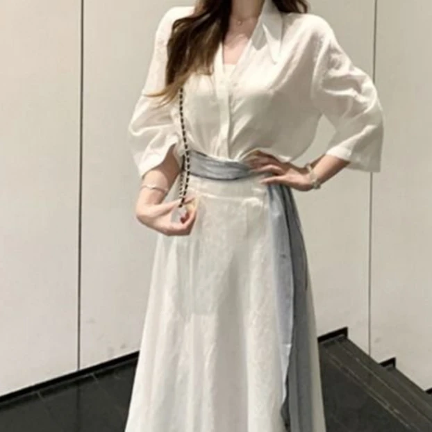法式优雅时尚套装女夏季2025新款简约休闲风衬衣白色A字裙两件套